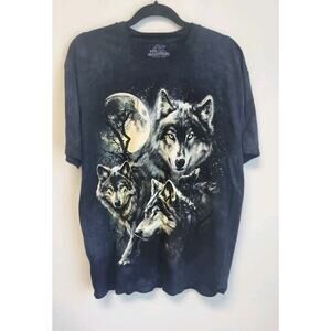 The Mountain Moon Wolves T Shirt Navy Tie Dye Short Sleeve Crew Neck Cotton